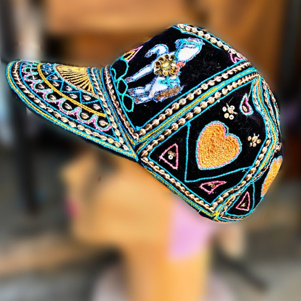 Vintage Burmese Black Velvet Embroidered Stallion Cap